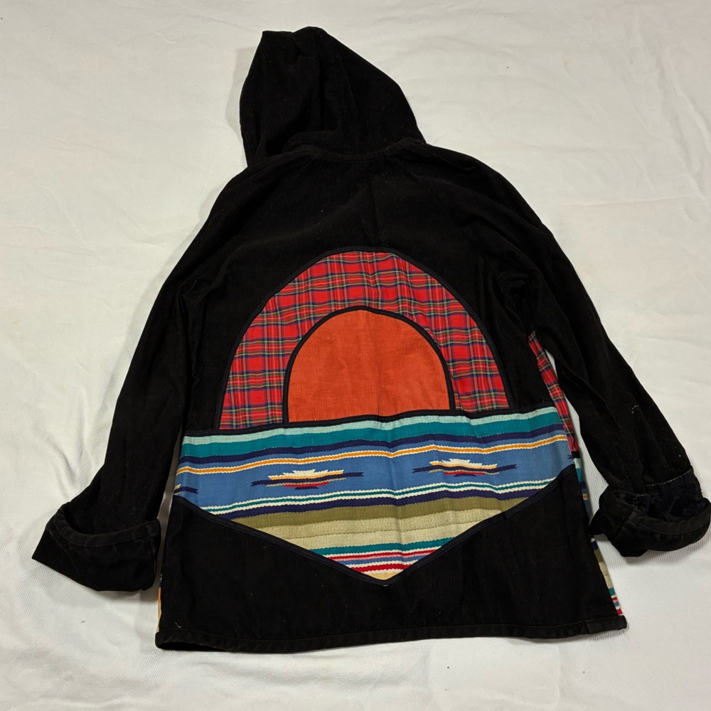 Artisan Patchwork Corduroy Hooded Coat Women's L Boho Hippie Plaid Stripe